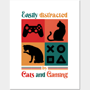 Easily Distracted By Cats and Gaming - Retro Cat Gaming Posters and Art